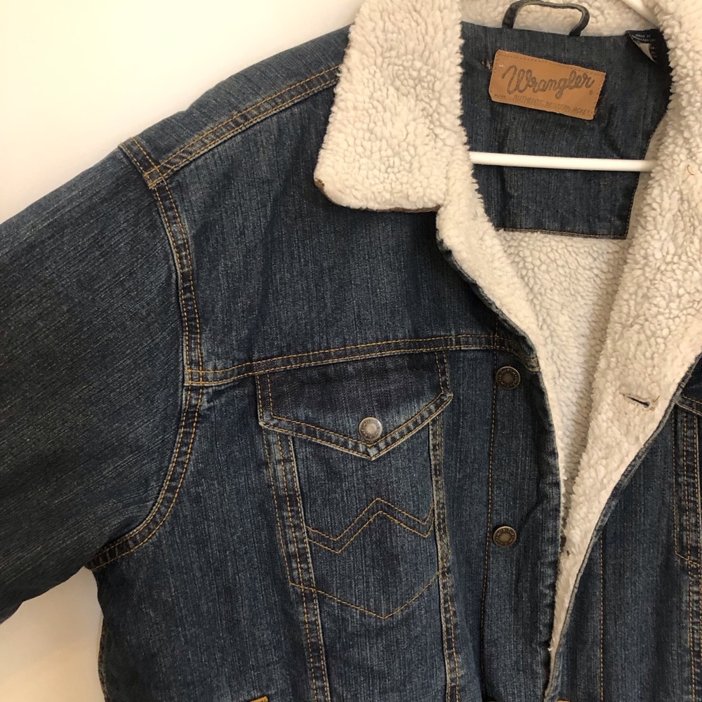 Wrangler denim Sherpa lined jacket corduroy trim collar ranch cowboy Size L - Picture 2 of 11